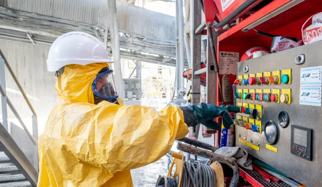 Industriële reiniger van Buchen Industrial Services bedient de reinigingsvrachtwagen voor het verwijderen van betonresten en coatings