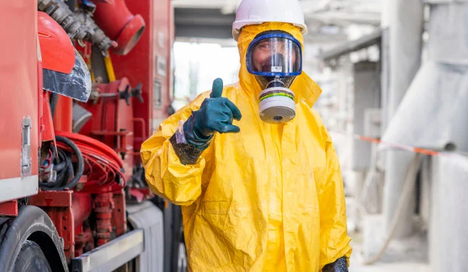 Industriële reiniger van Buchen Industrial Services die beschermende kledij en een luchtmasker draagt en zijn duim omhooghoudt