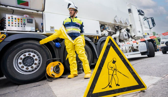 Industriële reiniger van Buchen Industrial Services maakt zich klaar op de industriële locatie door zijn persoonlijk bescherming materiaal aan te trekken
